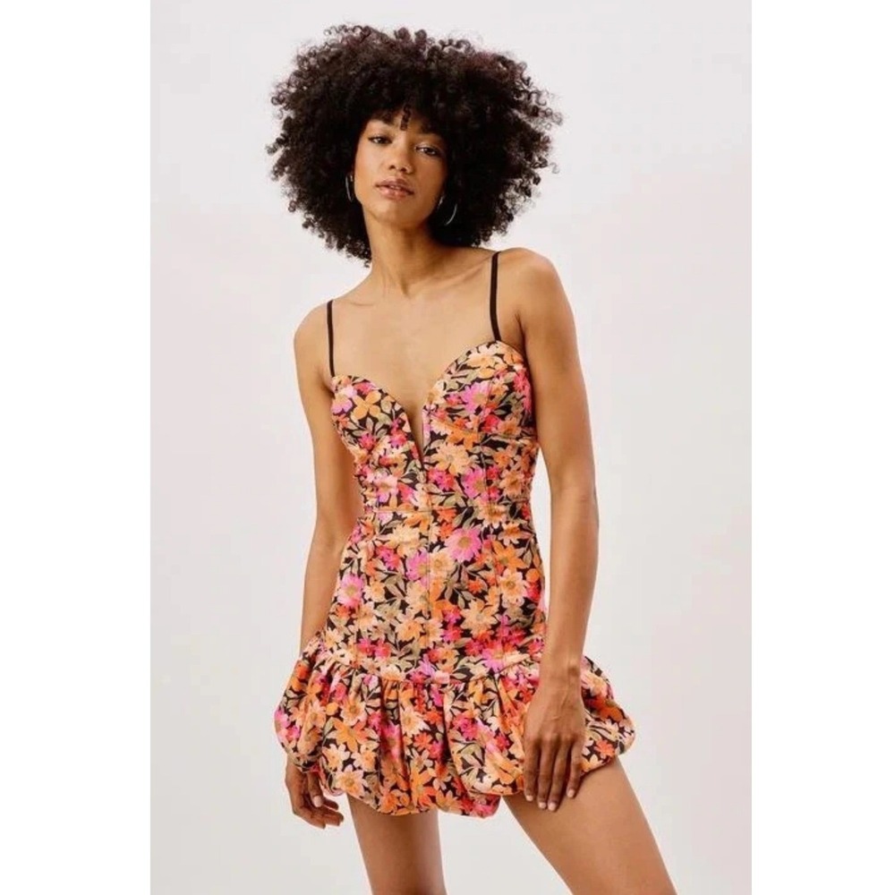 FOR LOVE & LEMONS FREE PEOPLE Sylvie Mini Dress Small Floral Bubble Hem Plunge - Picture 2 of 16